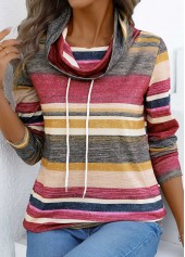Coral Drawstring Multi Stripe Print Long Sleeve T Shirt | thumb picture 