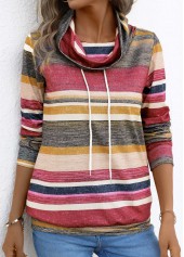 Coral Drawstring Multi Stripe Print Long Sleeve T Shirt | thumb picture 