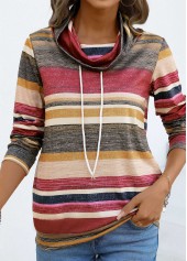 Coral Drawstring Multi Stripe Print Long Sleeve T Shirt