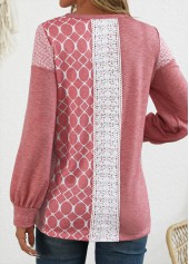 Pink Patchwork Geometric Print Long Sleeve Round Neck Sweatshirt | thumb picture 