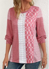 Pink Patchwork Geometric Print Long Sleeve Round Neck Sweatshirt | thumb picture 