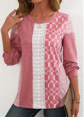 Pink Patchwork Geometric Print Long Sleeve Round Neck Sweatshirt | thumb picture 