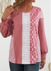 Pink Patchwork Geometric Print Long Sleeve Round Neck Sweatshirt | thumb picture 