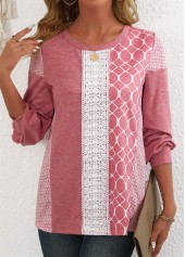 Pink Patchwork Geometric Print Long Sleeve Round Neck Sweatshirt | thumb picture 