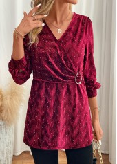 Wine Red Velvet Long Sleeve V Neck Blouse