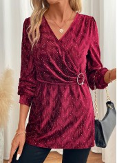 Wine Red Velvet Long Sleeve V Neck Blouse | thumb picture 