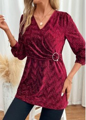 Wine Red Velvet Long Sleeve V Neck Blouse | thumb picture 