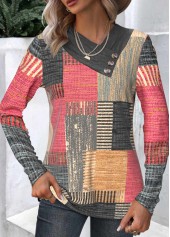 Multi Color Button Plaid Long Sleeve Asymmetrical Neck Sweatshirt | thumb picture 