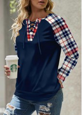 Navy Patchwork Plaid Long Sleeve Round Neck Sweatshirt