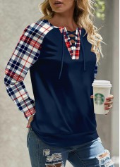 Navy Patchwork Plaid Long Sleeve Round Neck Sweatshirt | thumb picture 