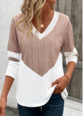 Light Camel Patchwork Geometric Print Long Sleeve T Shirt