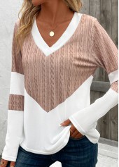 Light Camel Patchwork Geometric Print Long Sleeve T Shirt | thumb picture 