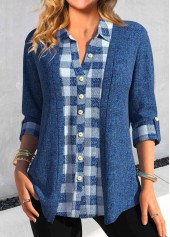 Denim Blue Fake 2in1 Plaid Shirt Collar Blouse