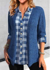 Denim Blue Fake 2in1 Plaid Shirt Collar Blouse | thumb picture 