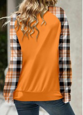 Orange Patchwork Plaid Long Sleeve Split Neck Sweatshirt | thumb picture 