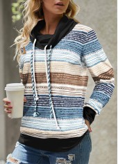 Blue Geometric Print Long Sleeve Cowl Neck Sweatshirt