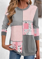 Light Pink Patchwork Geometric Print Long Sleeve Sweatshirt
