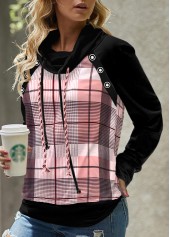 Pink Patchwork Plaid Long Sleeve Cowl Neck Sweatshirt