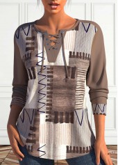 Light Coffee Lace Up Geometric Print Long Sleeve Sweatshirt