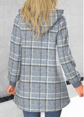 Dusty Blue Zipper Plaid Long Sleeve Hooded Coat | thumb picture 