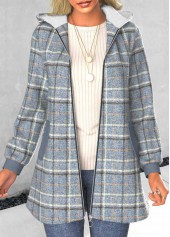 Dusty Blue Zipper Plaid Long Sleeve Hooded Coat