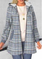 Dusty Blue Zipper Plaid Long Sleeve Hooded Coat | thumb picture 