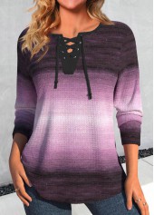 Purple Lace Up Ombre Long Sleeve T Shirt