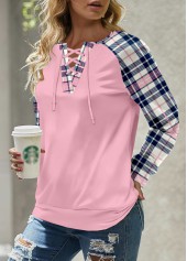 Light Pink Lace Up Plaid Long Sleeve Sweatshirt
