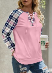 Light Pink Lace Up Plaid Long Sleeve Sweatshirt | thumb picture 