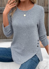Dusty Blue Split Long Sleeve Round Neck T Shirt | thumb picture 