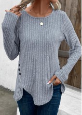 Dusty Blue Split Long Sleeve Round Neck T Shirt | thumb picture 