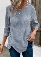 Dusty Blue Split Long Sleeve Round Neck T Shirt | thumb picture 