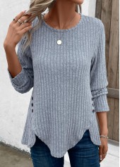 Dusty Blue Split Long Sleeve Round Neck T Shirt