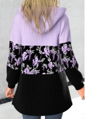 Light Purple Patchwork Floral Print Long Sleeve Hooded Coat