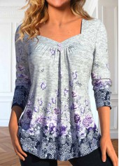 Grey Button Floral Print Long Sleeve T Shirt