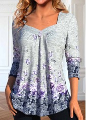 Grey Button Floral Print Long Sleeve T Shirt | thumb picture 
