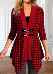 Wine Red Patchwork Plaid Long Sleeve Coat
