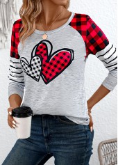 Grey Patchwork Plaid Long Sleeve Round Neck T Shirt | thumb picture 