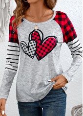 Grey Patchwork Plaid Long Sleeve Round Neck T Shirt | thumb picture 