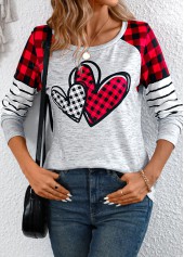 Grey Patchwork Plaid Long Sleeve Round Neck T Shirt | thumb picture 