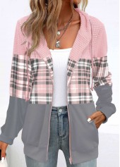 Light Pink Patchwork Plaid Long Sleeve Hoodie