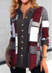 Plus Size Dark Grey Button Geometric Print Blouse | thumb picture 