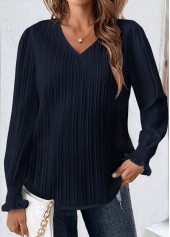 Navy Smocked Long Sleeve V Neck Blouse