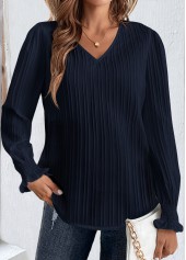 Navy Smocked Long Sleeve V Neck Blouse | thumb picture 