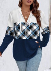 Navy Zipper Plus Size Plaid Long Sleeve Hoodie | thumb picture 