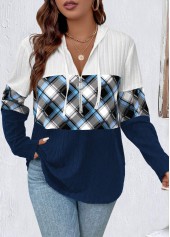 Navy Zipper Plus Size Plaid Long Sleeve Hoodie