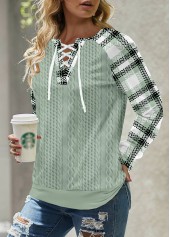 Sage Green Lace Up Plaid Long Sleeve Sweatshirt