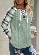 Sage Green Lace Up Plaid Long Sleeve Sweatshirt | thumb picture 