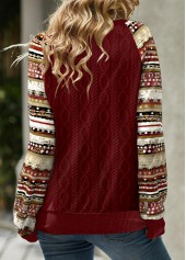 Wine Red Patchwork Tribal Print Long Sleeve Split Neck Sweatshirt | thumb picture 