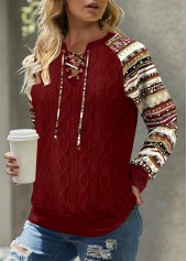 Wine Red Patchwork Tribal Print Long Sleeve Split Neck Sweatshirt